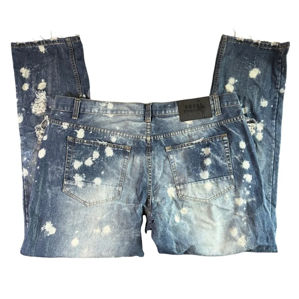 Mens Rogue Vintage Distressed Jeans 44Wx34L Bleached Denim Ripped Designer Pants